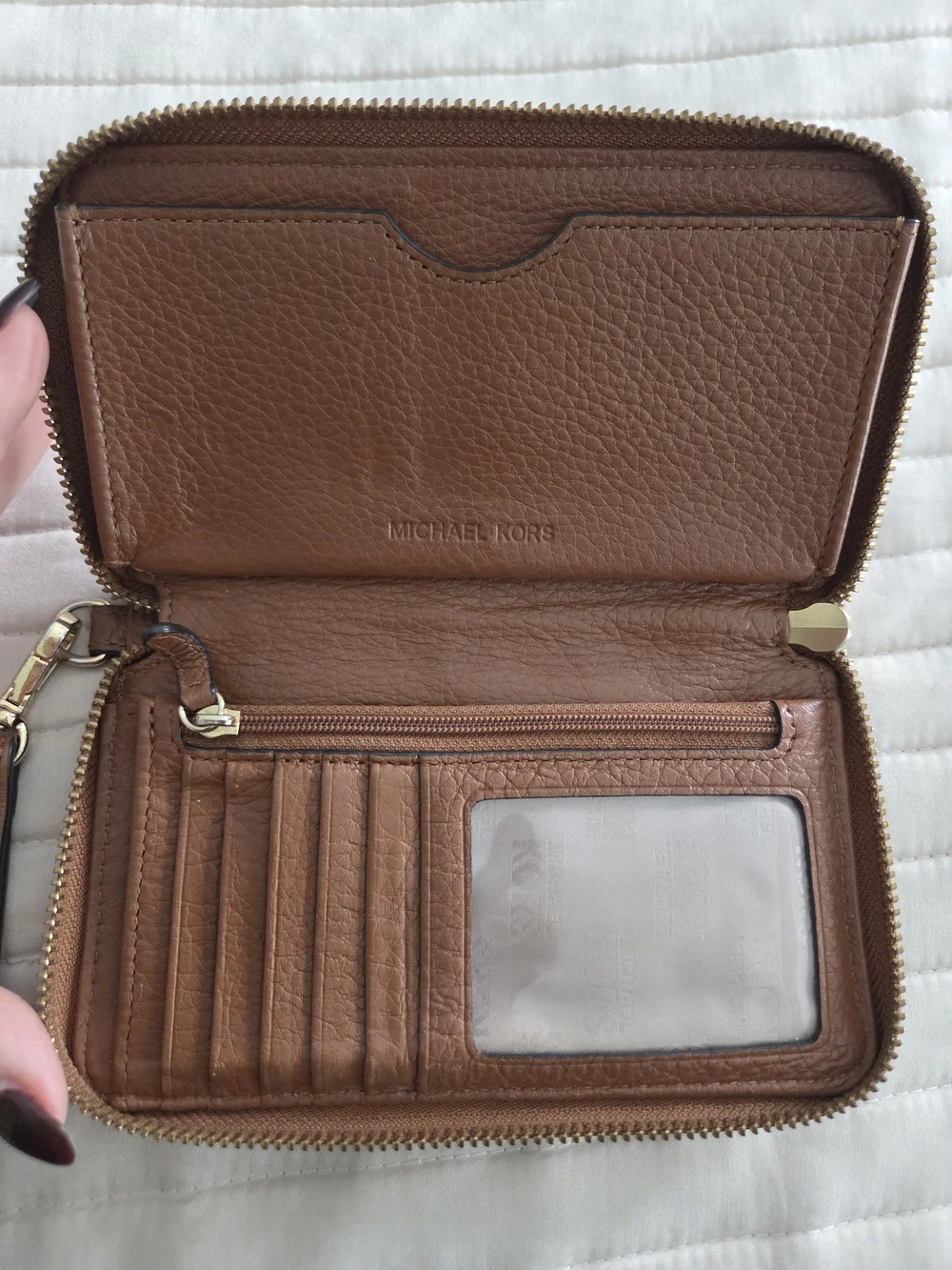 Michael Kors Cognac Leather Wristlet/Wallet with Gold MK Emblem